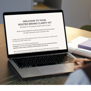 Rooted Brand Clarity Kit displayed on a laptop screen, a Christian branding workbook for entrepreneurs.